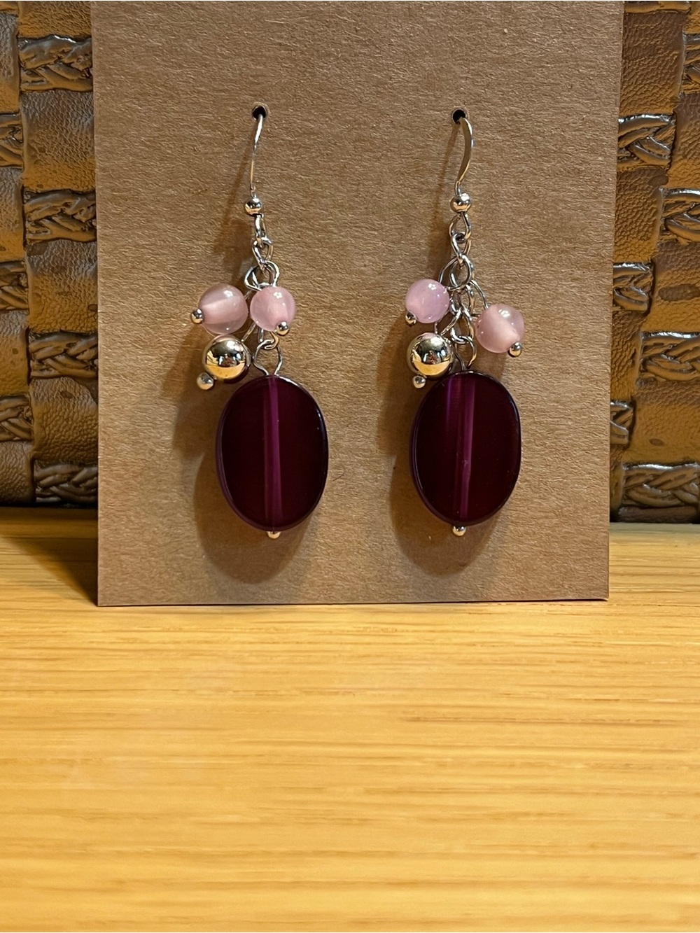 Silver Drop Earrings with Deep Plum and Blush Beads
